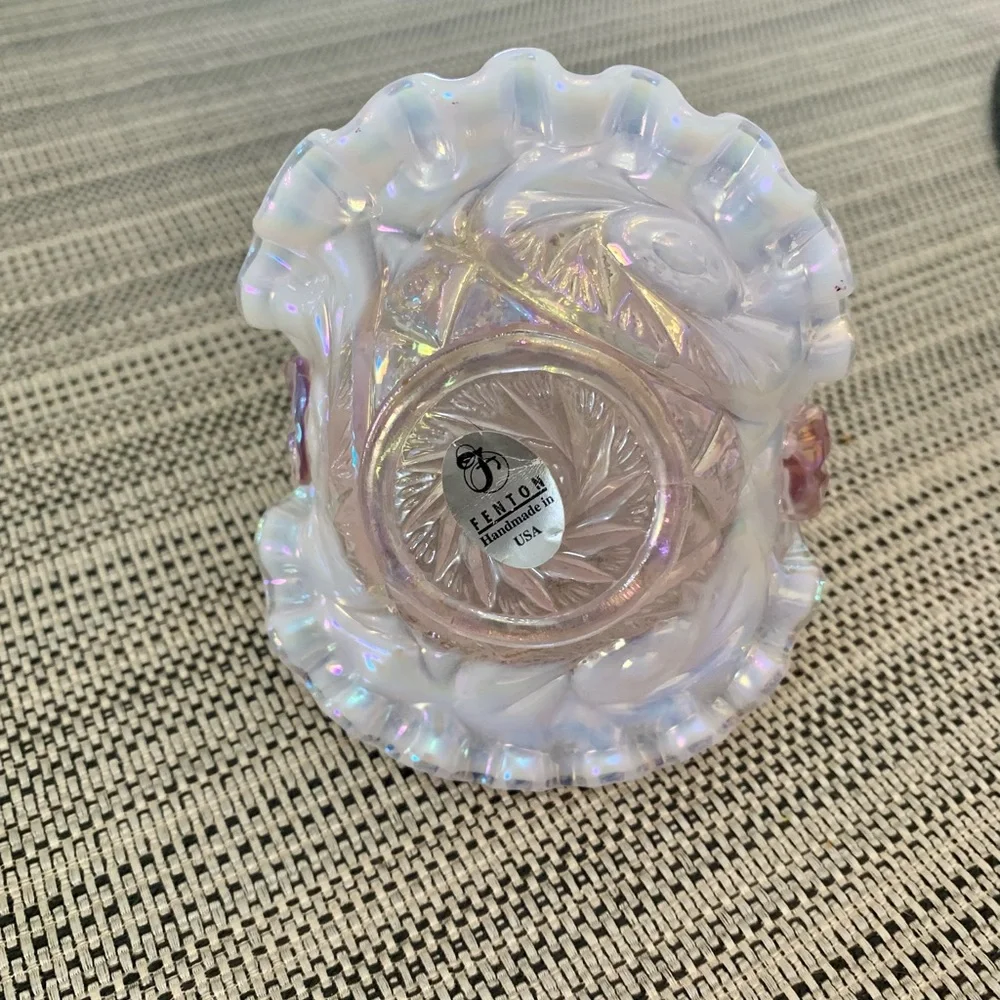 Fenton Pink Opalescent Ruffled Basket